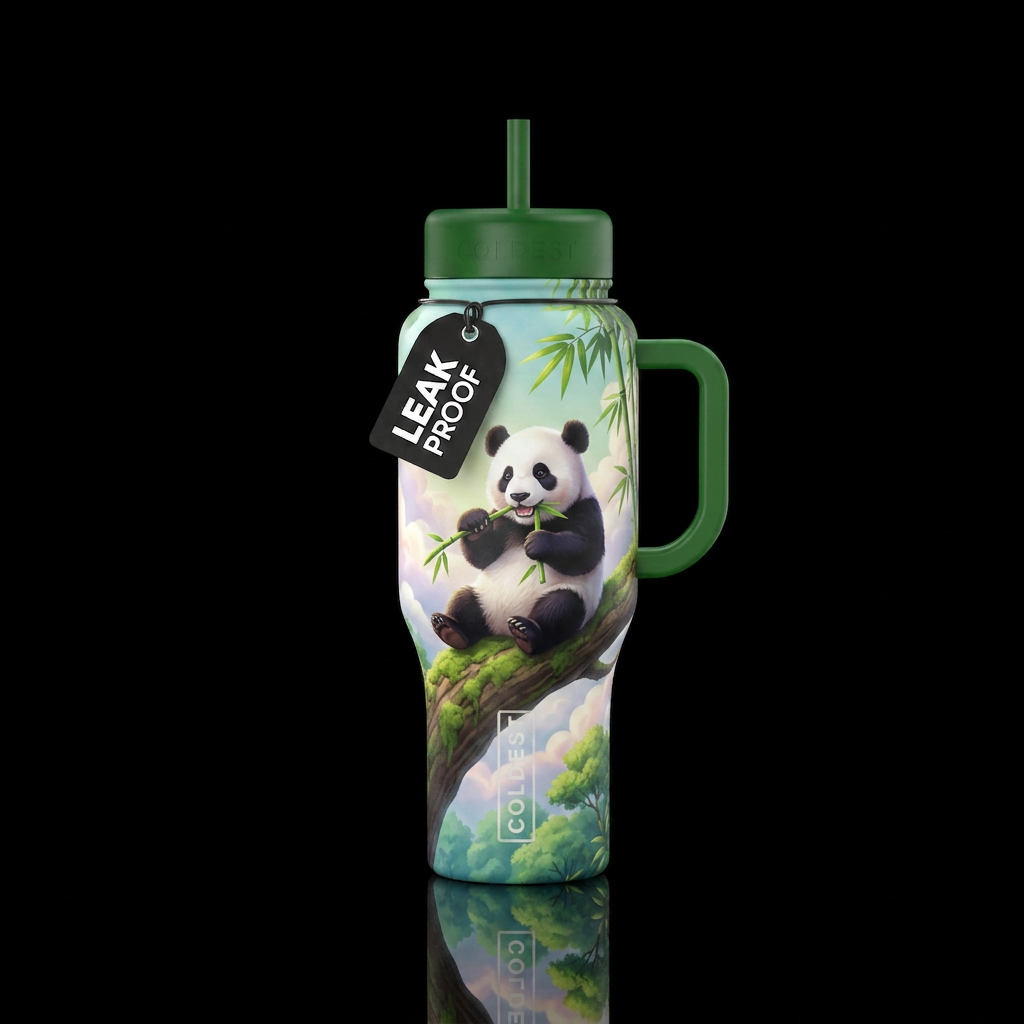 A beautiful baby panda playing on a tree branch an... water bottle design