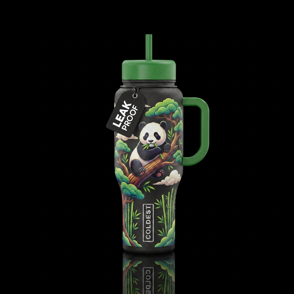 A beautiful baby panda playing on a tree branch an... water bottle design