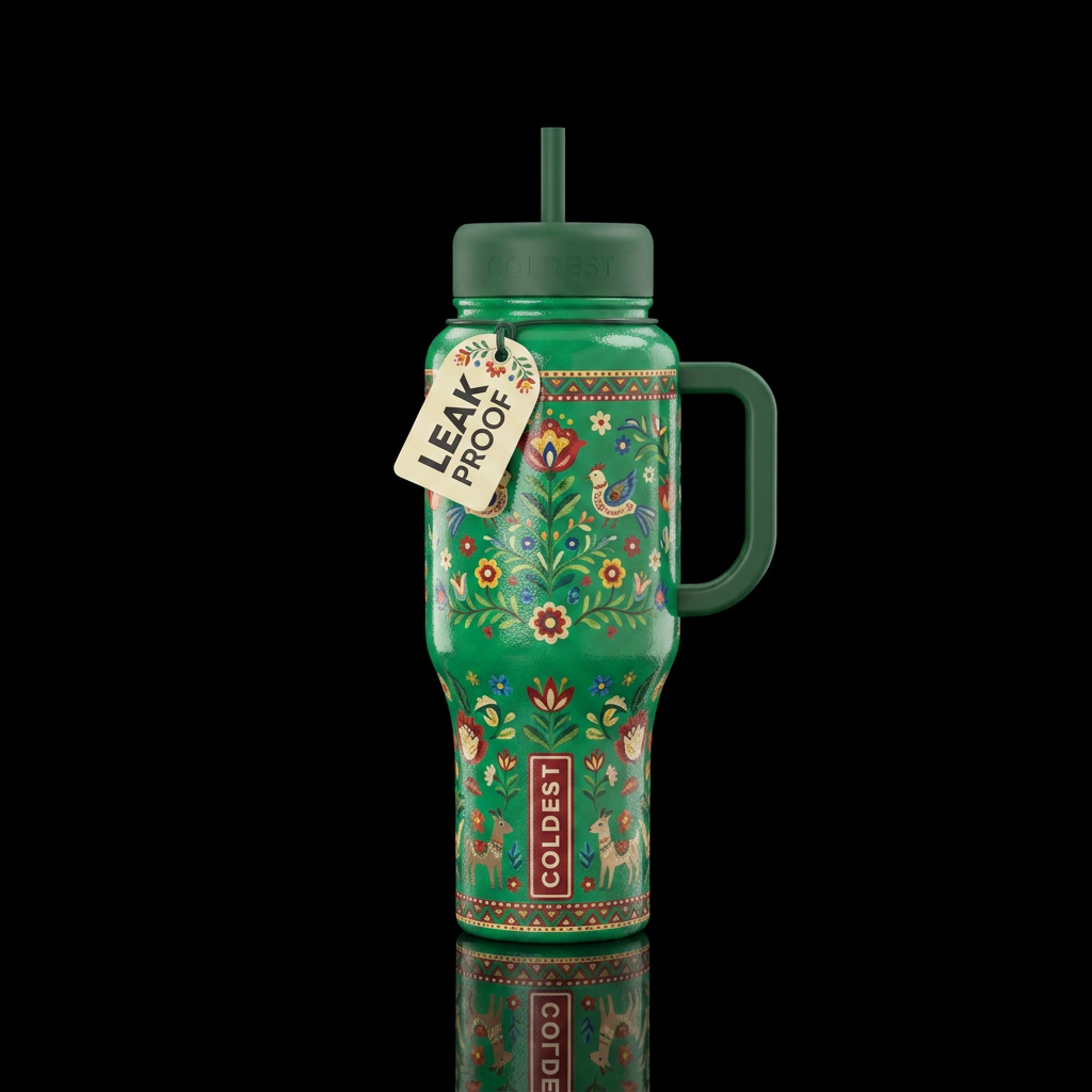 Folk art on a glossy green bottle with correspondi... water bottle design