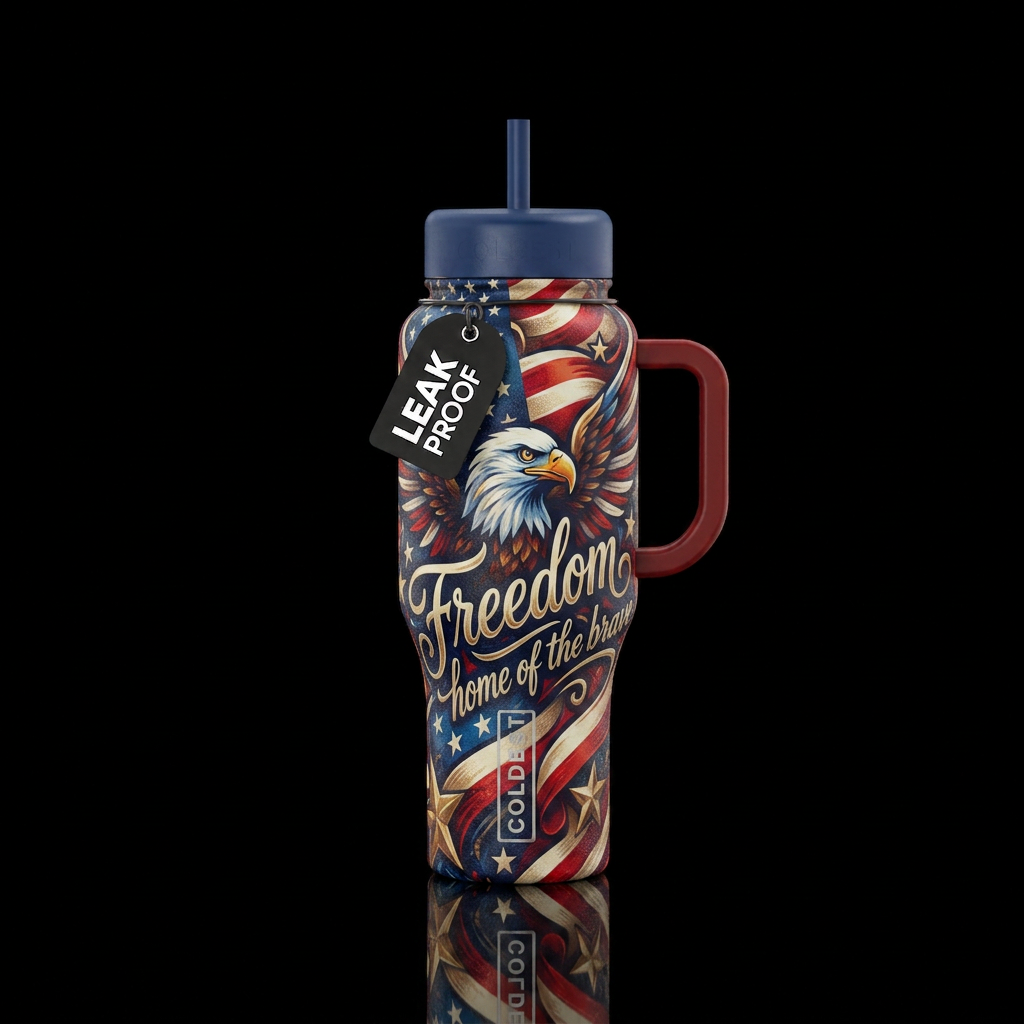 Freedom, home of the brave, vibrant water bottle design