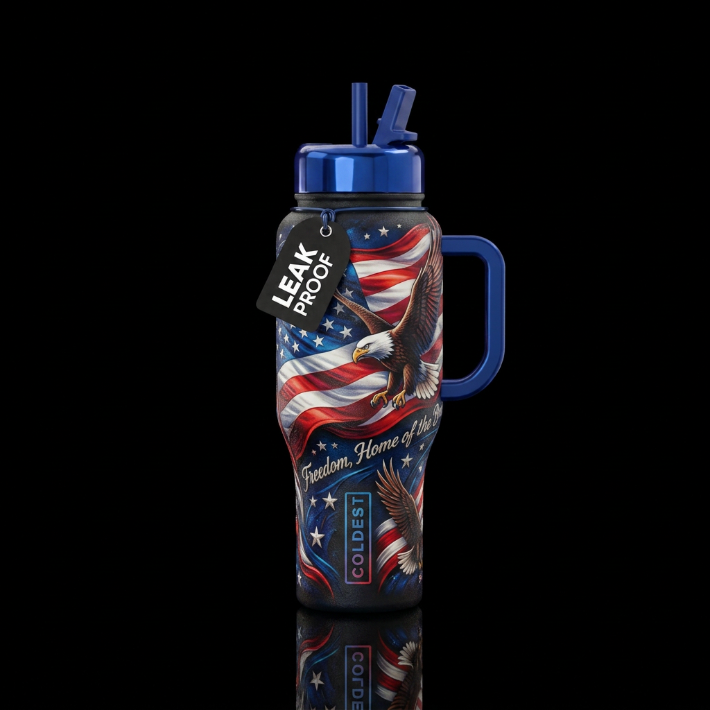 Freedom, home of the brave, vibrant water bottle design