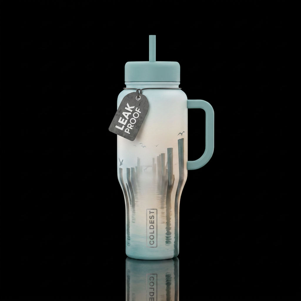 Misty morning on a pier, with birds lurking, beaut... water bottle design