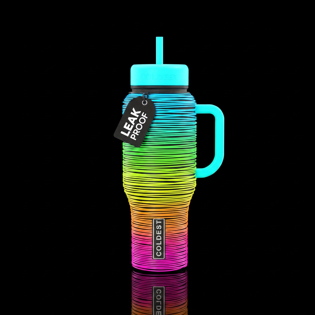 Wiry like a slinky wrapped around the bottle, neon... water bottle design
