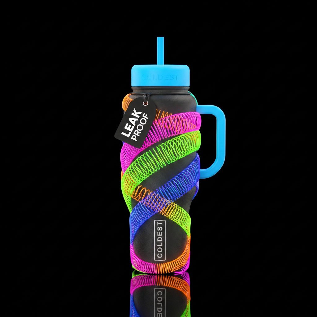 Wiry like a slinky wrapped around the bottle, neon... water bottle design