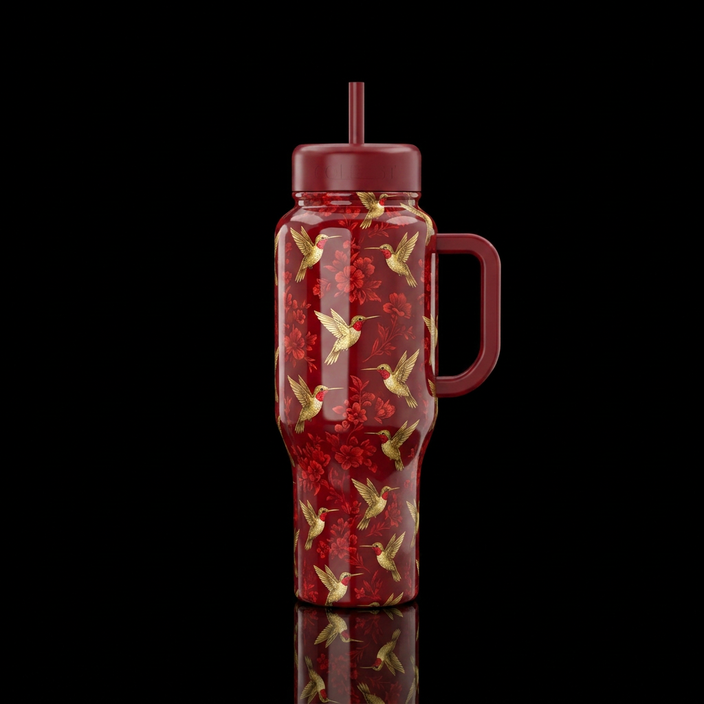 Deep red bottle with gold hummingbirds red throate... water bottle design