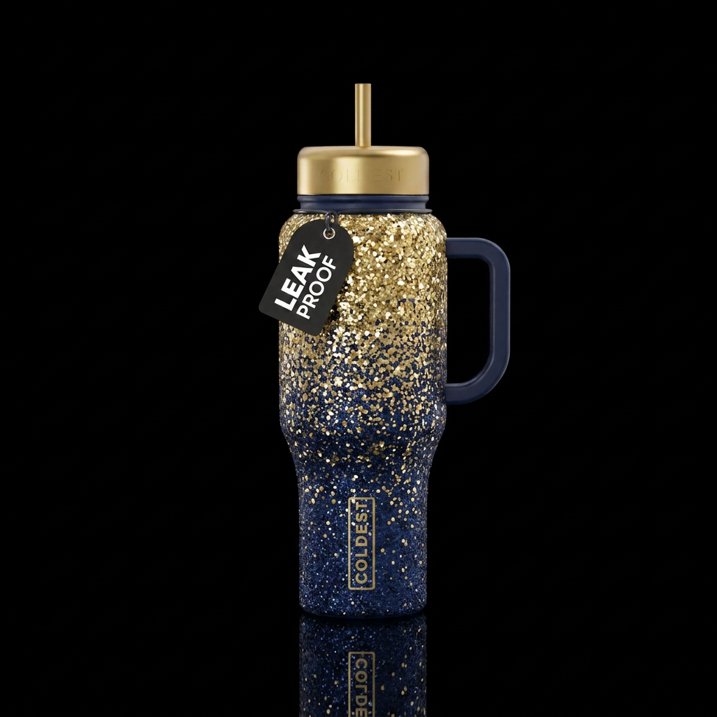 Navy blue and gold glitter bottle water bottle design