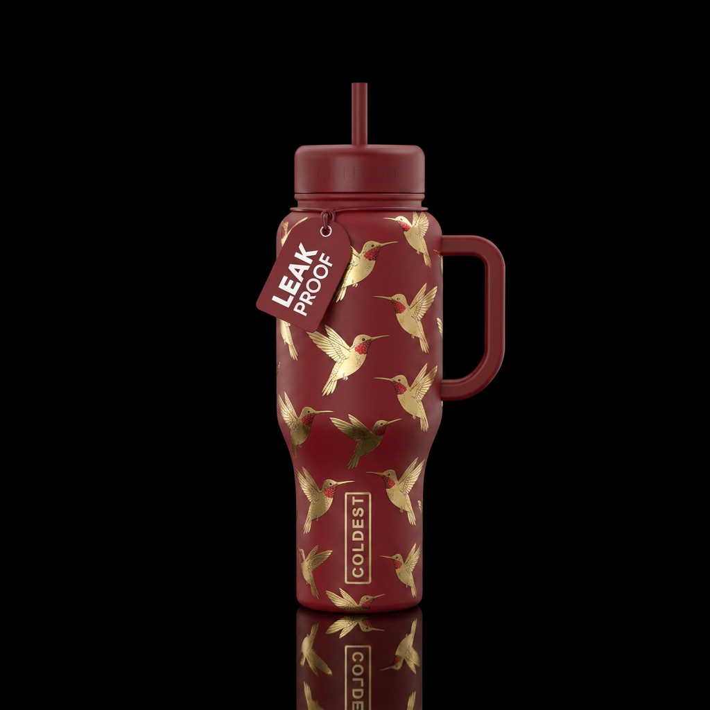 Deep red bottle with gold hummingbirds red throate... water bottle design