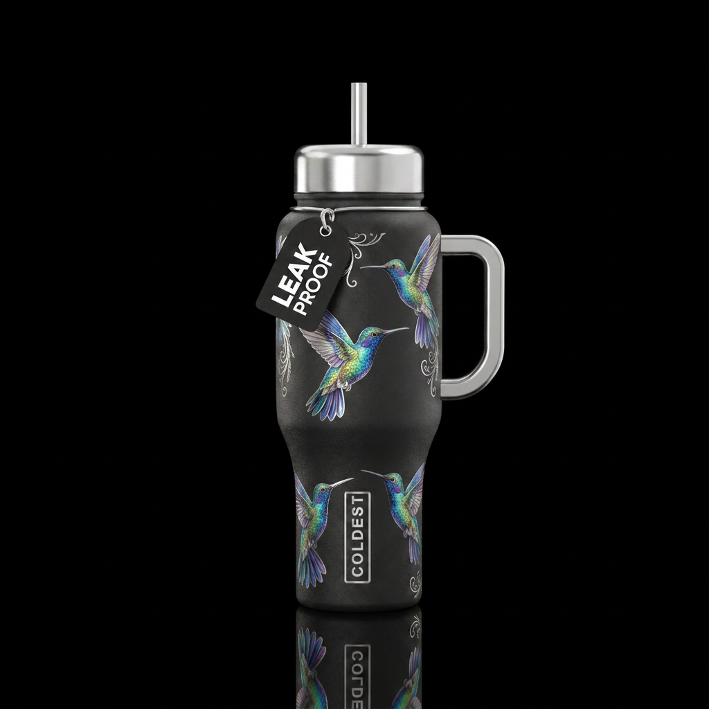 Sleek black beautiful bottle with irridescent humm... water bottle design