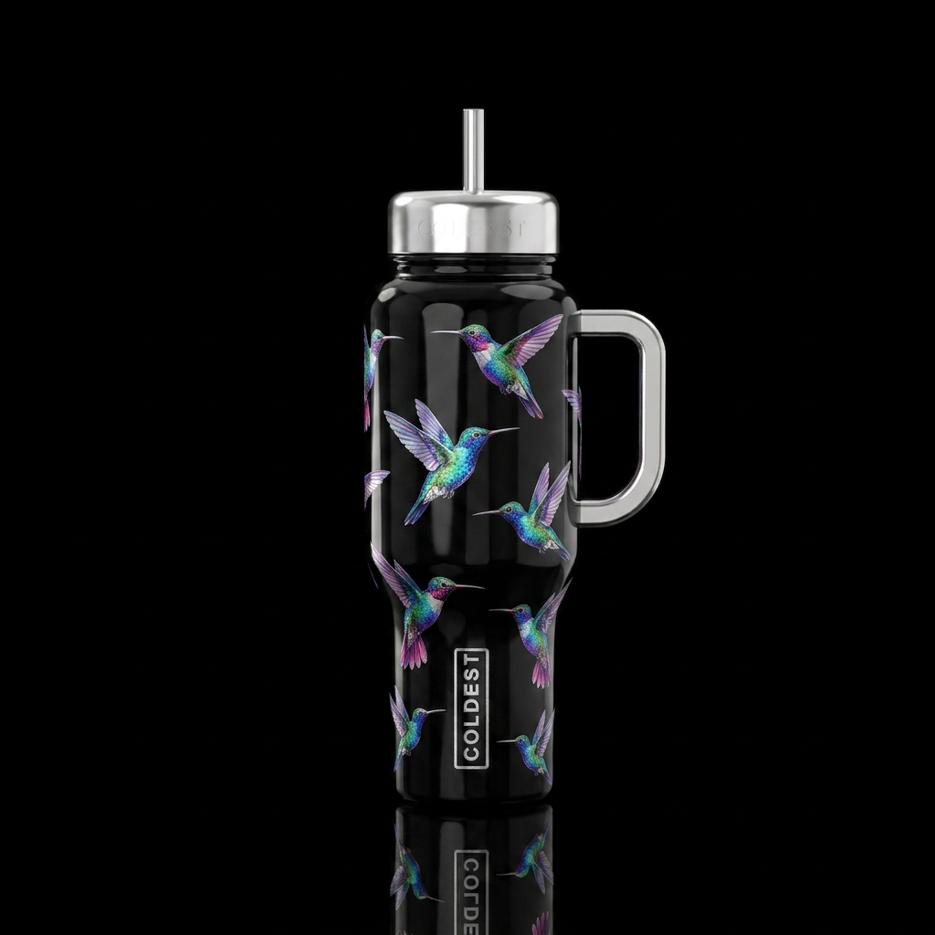 Sleek black beautiful bottle with irridescent humm... water bottle design