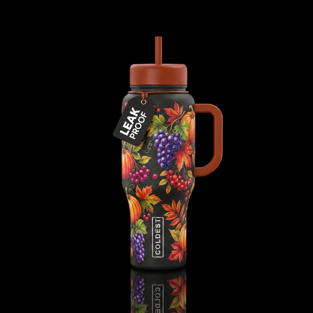 Harvest season, lush and bright colors of red, pur... water bottle design