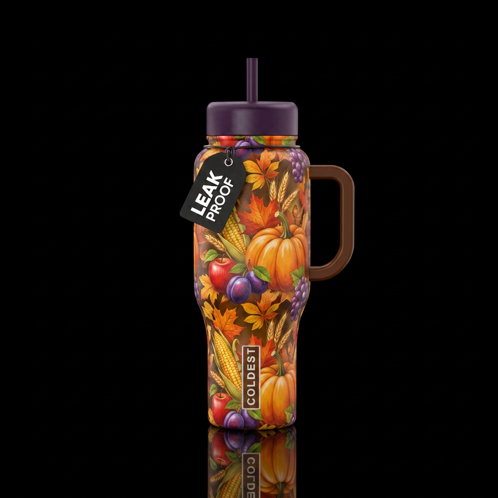 Harvest season, lush and bright colors of red, pur... water bottle design
