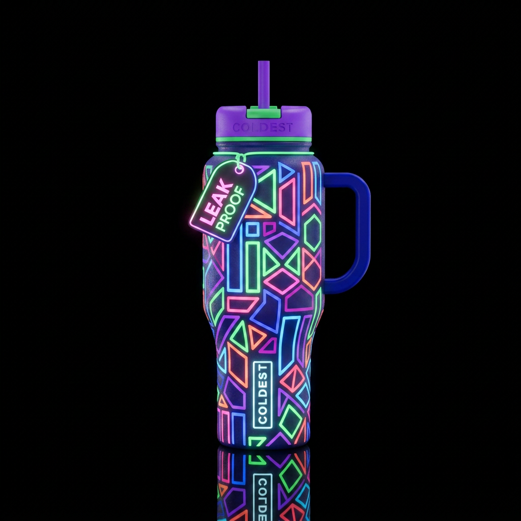bold, neon colors, glowing geometric shapes water bottle design
