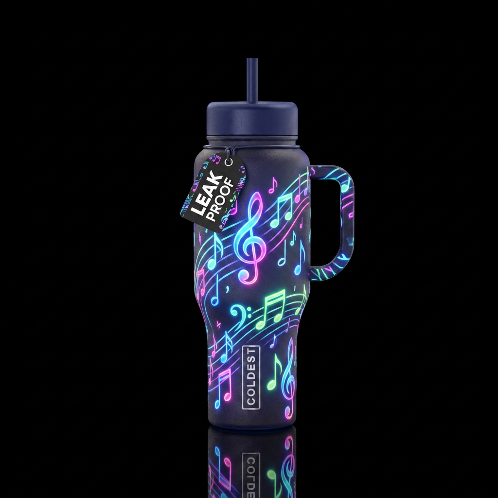 beautiful, glowie, music notes water bottle design