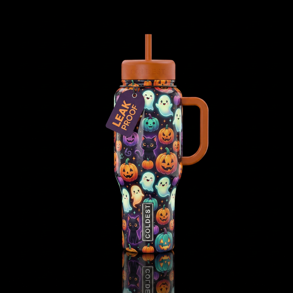 shiny, glowie, baby ghosts, black kittens, pumpkin... water bottle design