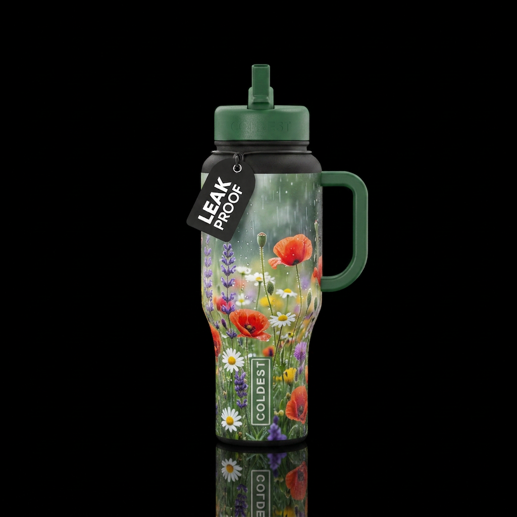 Raining in a field of beautiful flowers water bottle design