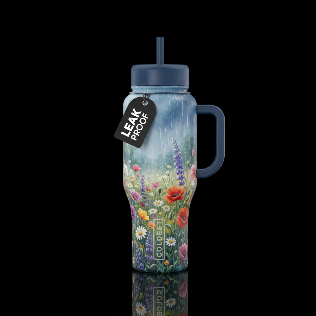 Raining in a field of beautiful flowers water bottle design