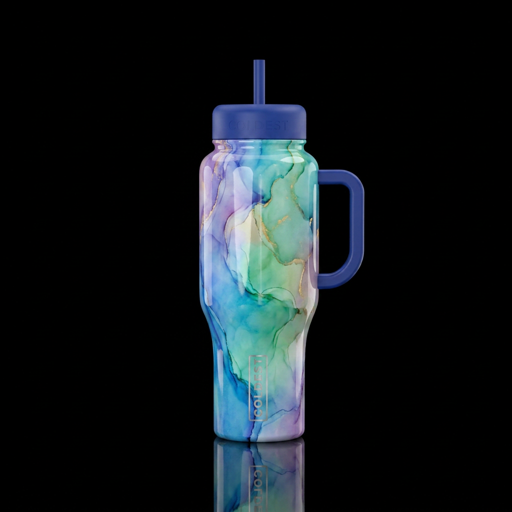 flowing, beautiful colors, peaceful water bottle design