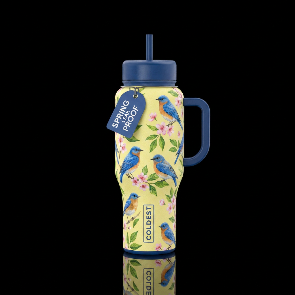 Light yellow bottle with blue birds on a spring mo... water bottle design