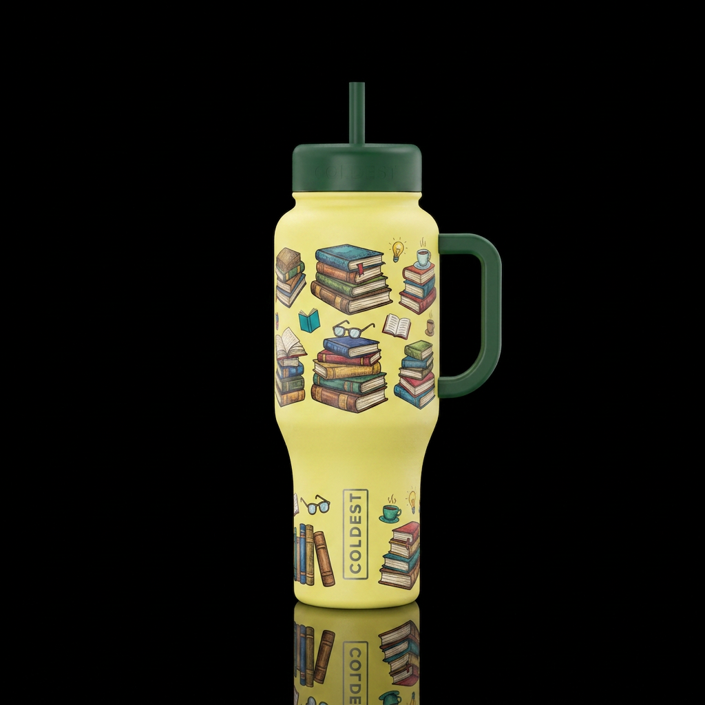 Light yellow bottle with stacks of books and symbo... water bottle design