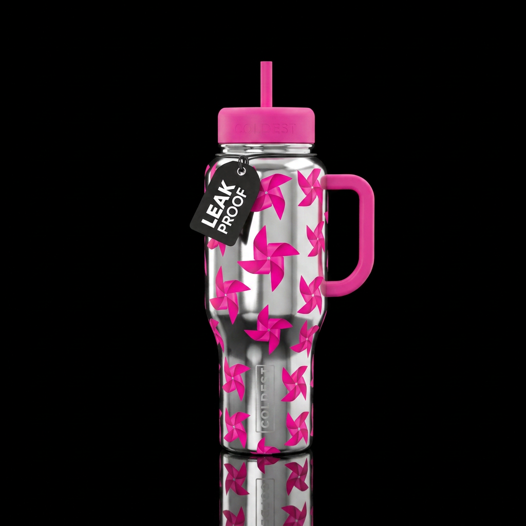 Silver shiny bottle with hot pink pinwheels all ov... water bottle design