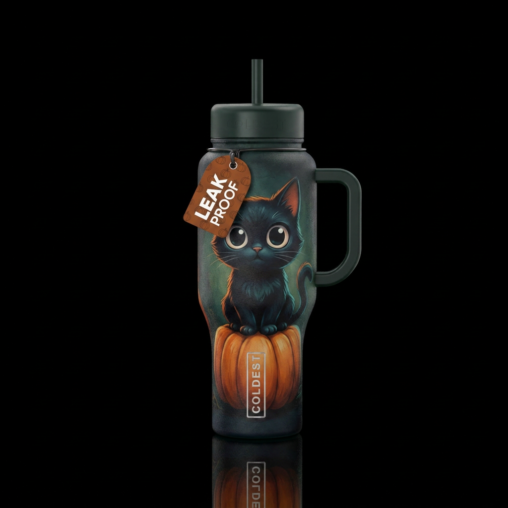 Moody colored bottle with black cat with oversized... water bottle design