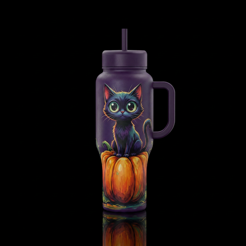 Moody colored bottle with black cat with oversized... water bottle design