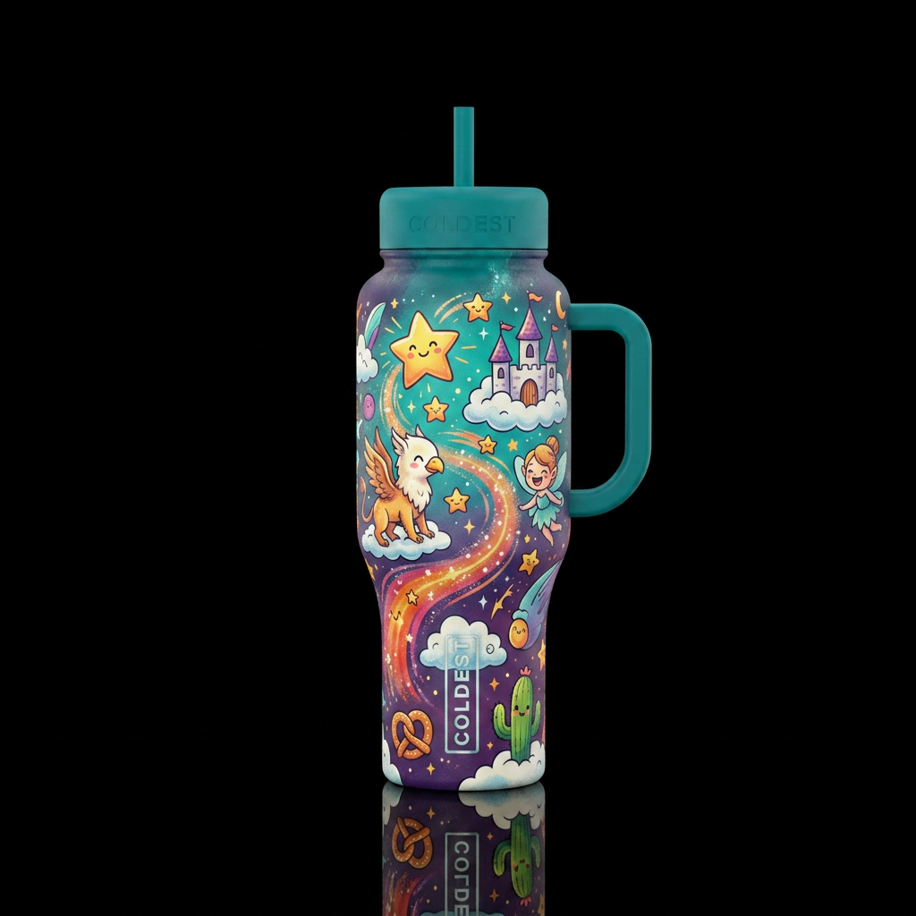 whimsical, magical, funny, happy mood water bottle design