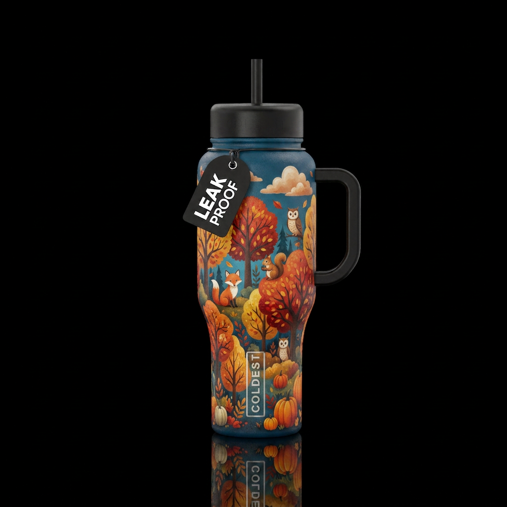 vibrant autumn season, animals, clouds, pumpkins, ... water bottle design