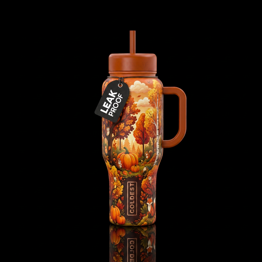 vibrant autumn season, animals, clouds, pumpkins, ... water bottle design
