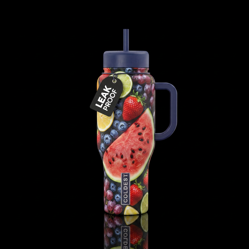 Juicy summer fruits on a beautiful bottle water bottle design