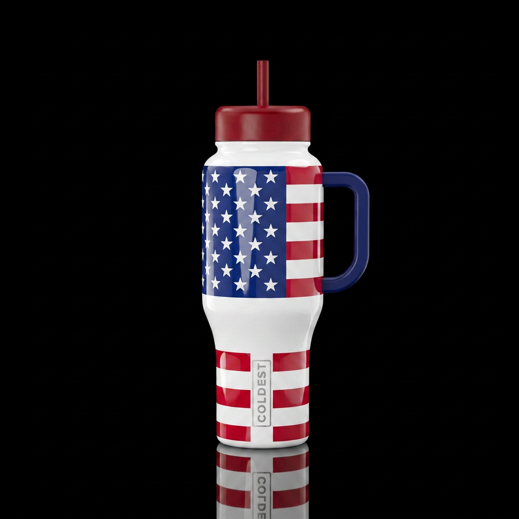White shiny bottle with red and blue Stars and Str... water bottle design