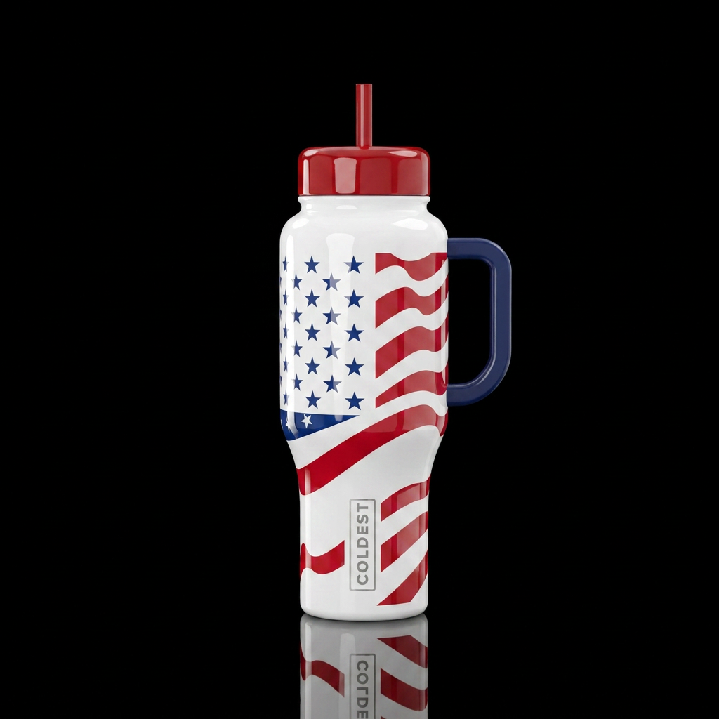 White shiny bottle with red and blue Stars and Str... water bottle design