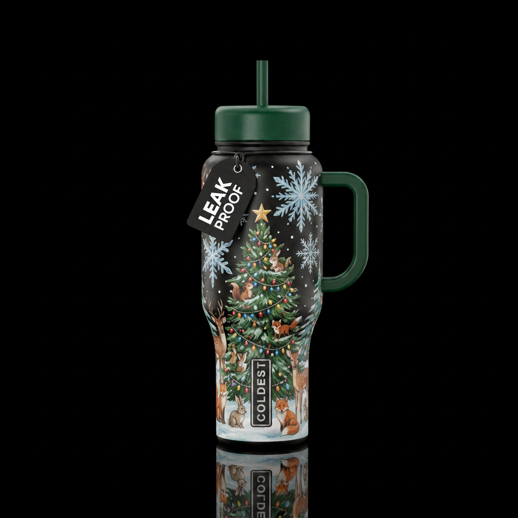 Big snowflakes, Christmas tree outside decorated w... water bottle design