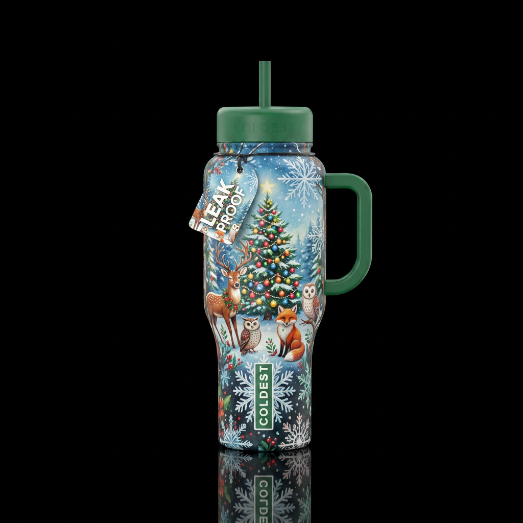 Big snowflakes, Christmas tree outside decorated w... water bottle design