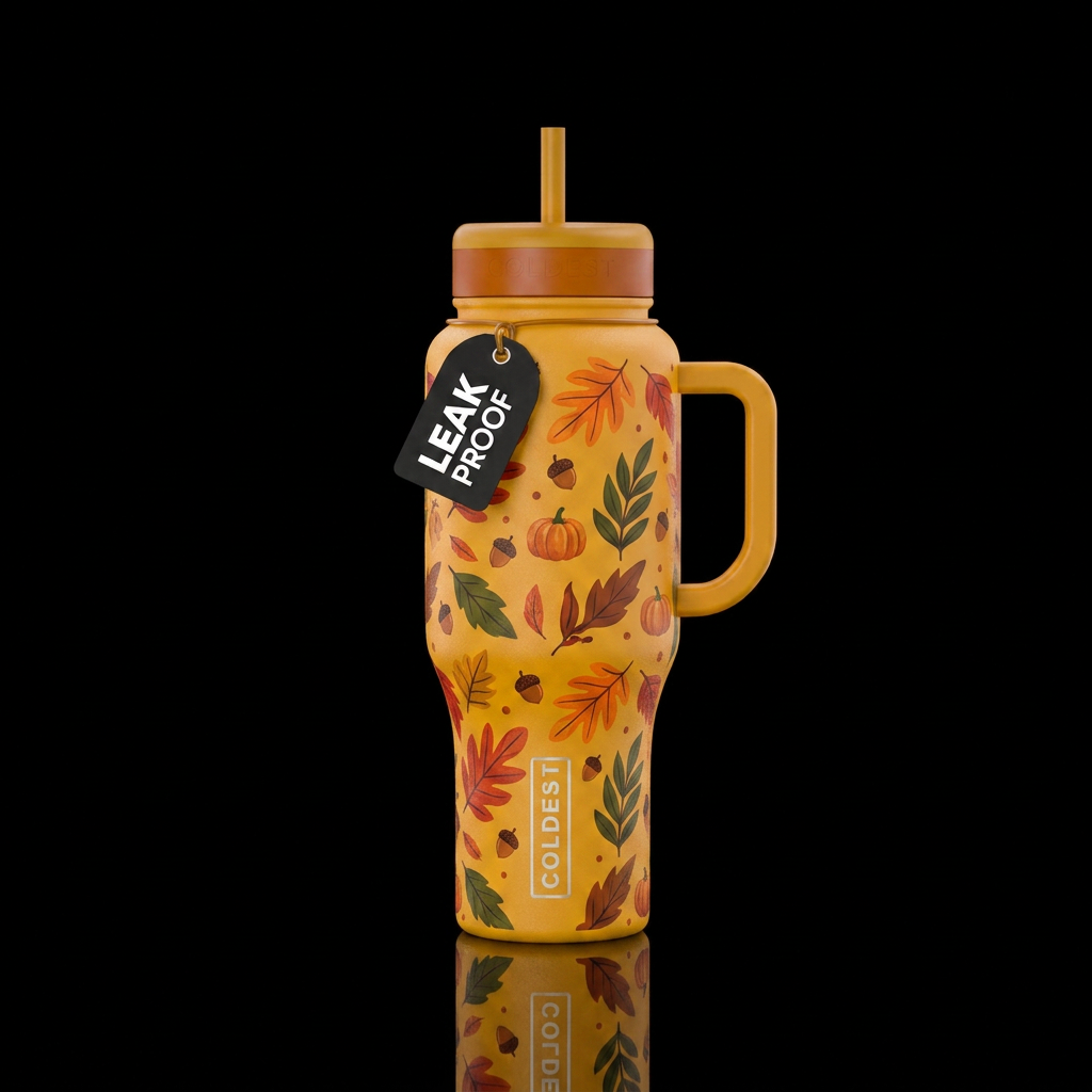 Golden yellow bottle with harvest colors with leav... water bottle design