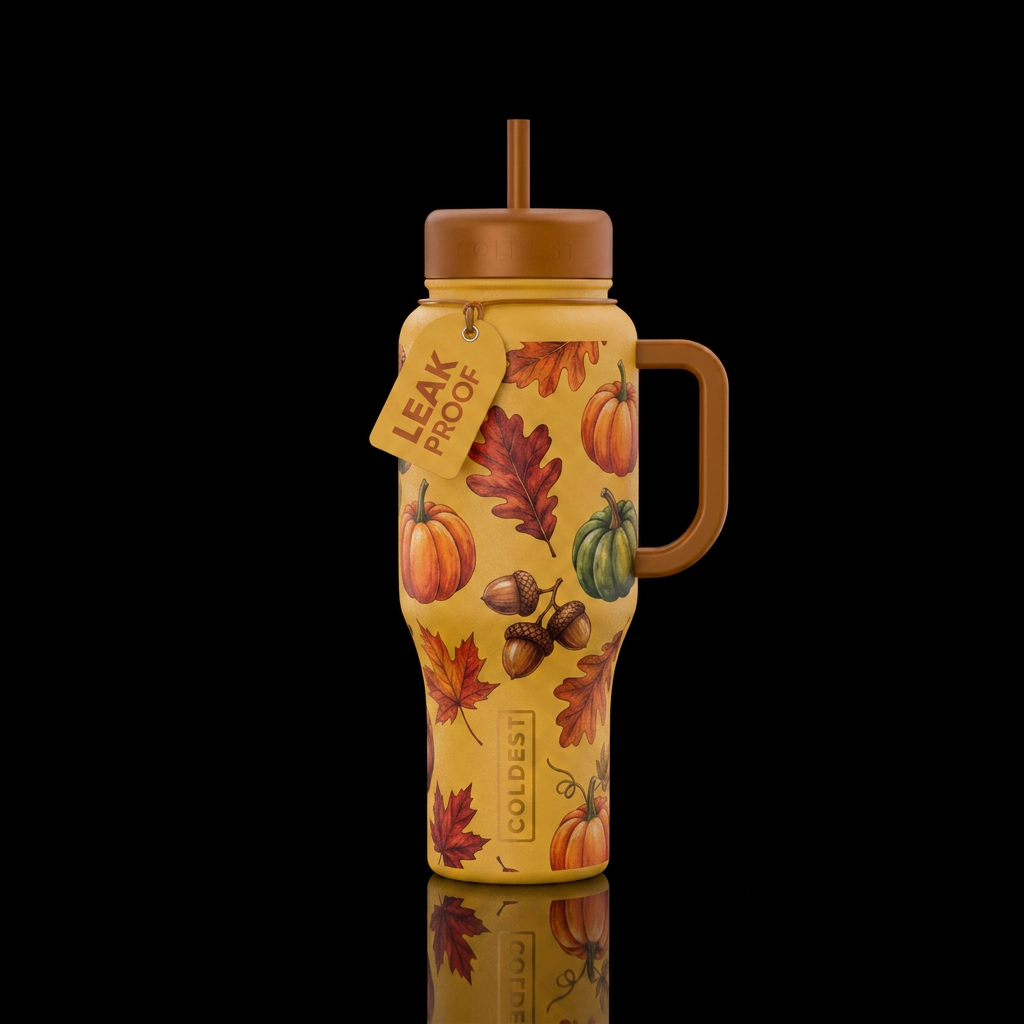 Golden yellow bottle with harvest colors with leav... water bottle design