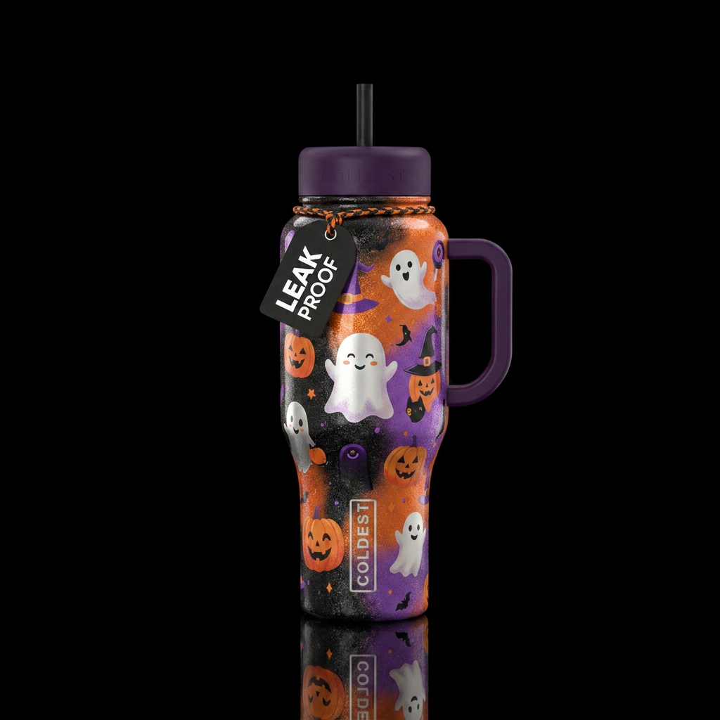Black, orange, purple shimmery bottles with ghosts... water bottle design