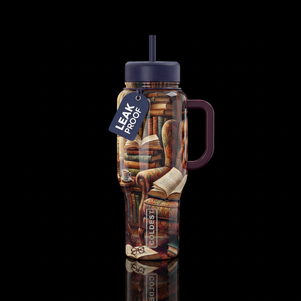 Glossy bottle, books, cozy chair, reading water bottle design