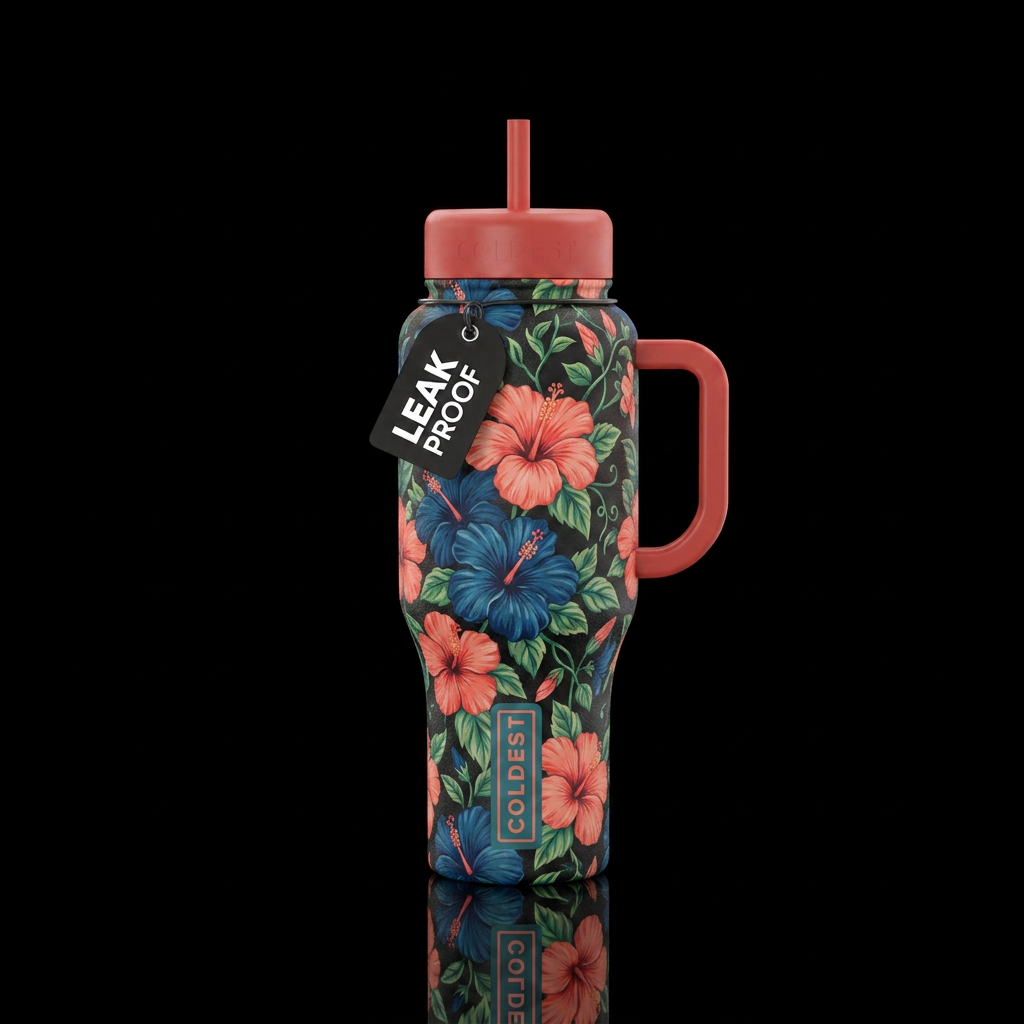 Beautiful, gorgeous coral and blue hibiscus plants water bottle design
