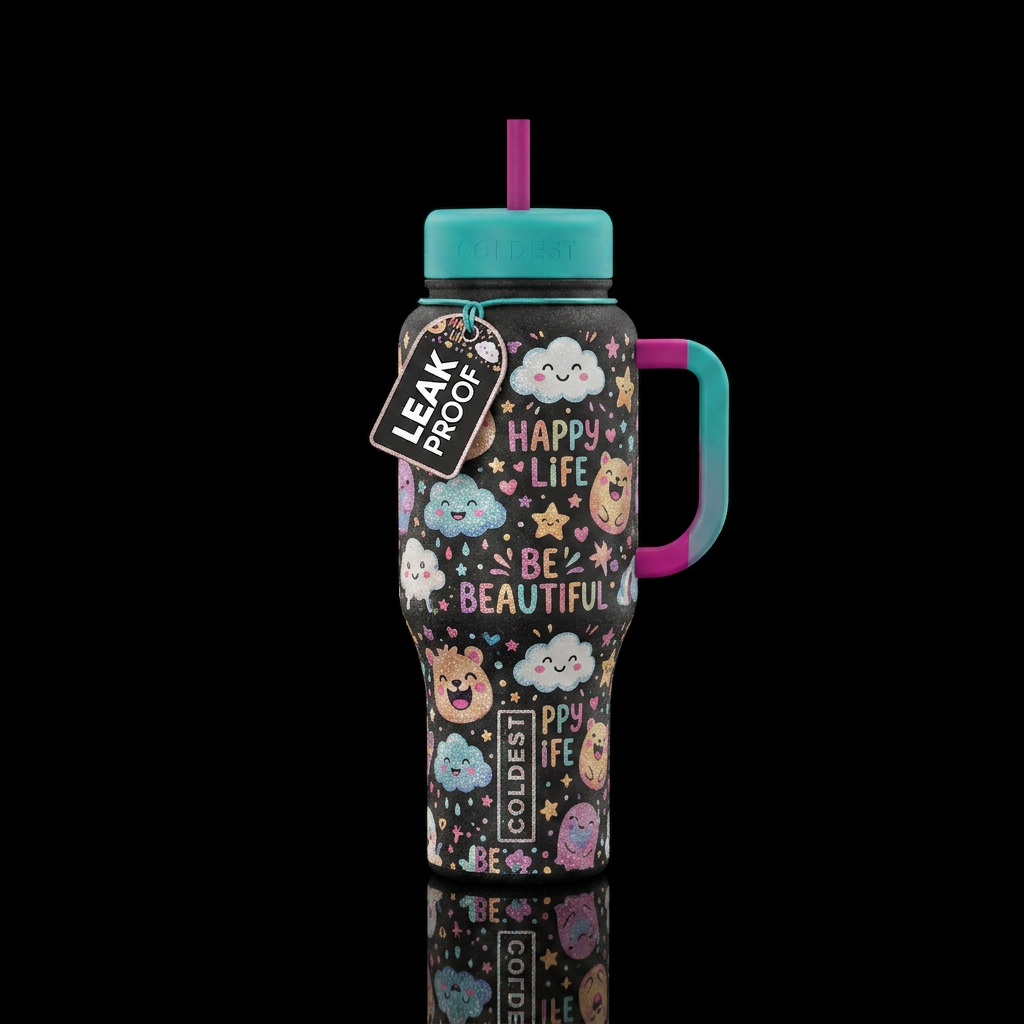 whimsical, happy mood, beautiul, funny, sparkly water bottle design
