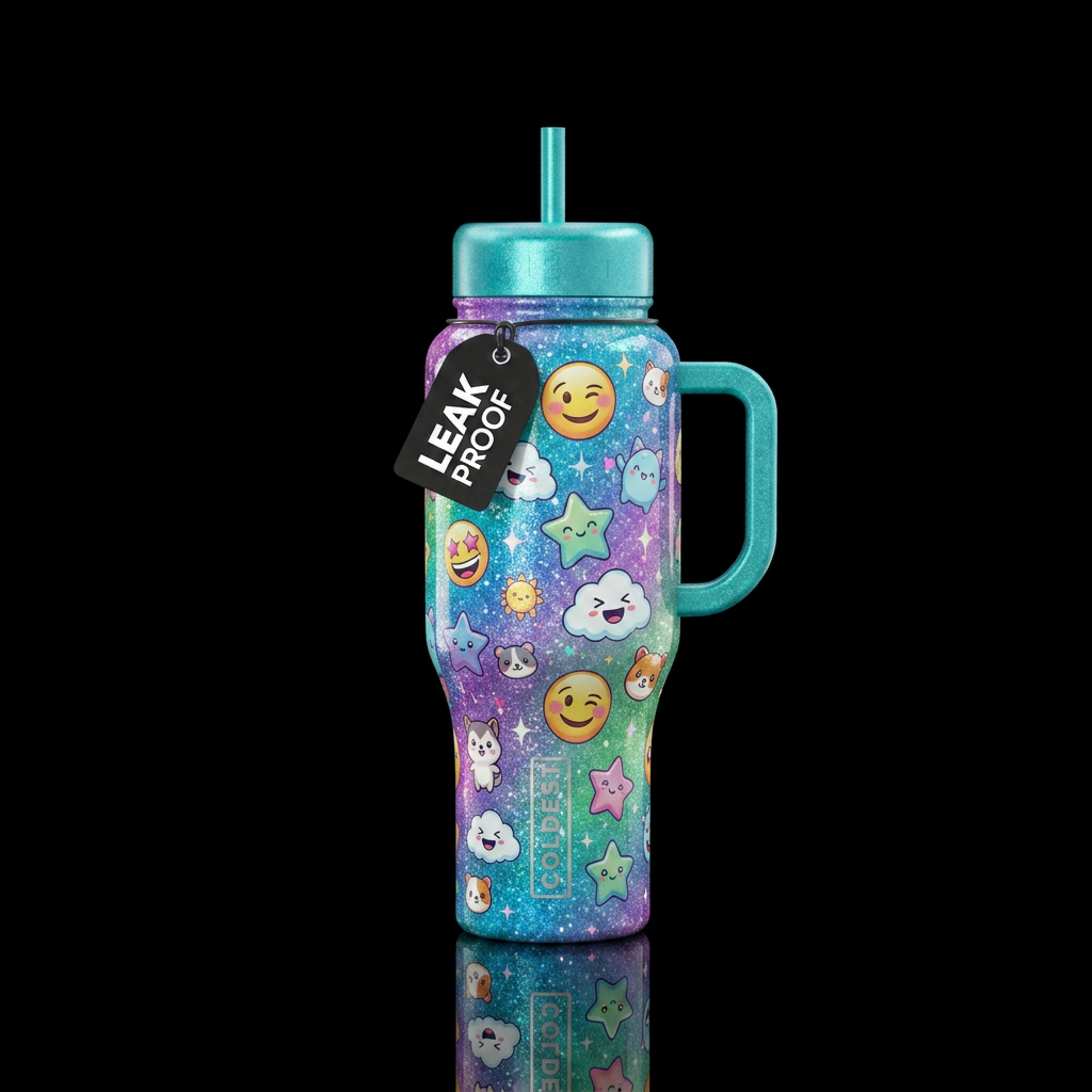 whimsical, happy mood, beautiul, funny, sparkly water bottle design