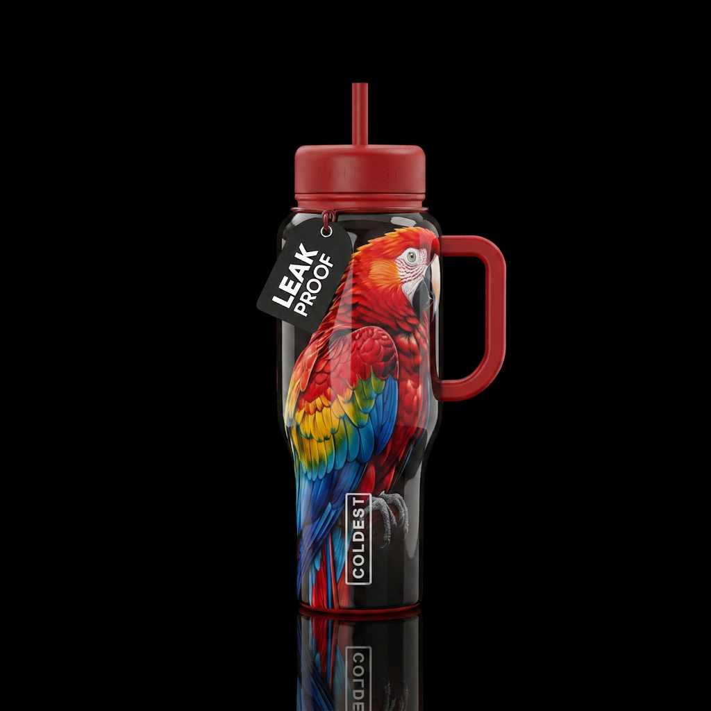 Huge oversized parrot covering entire length of bo... water bottle design