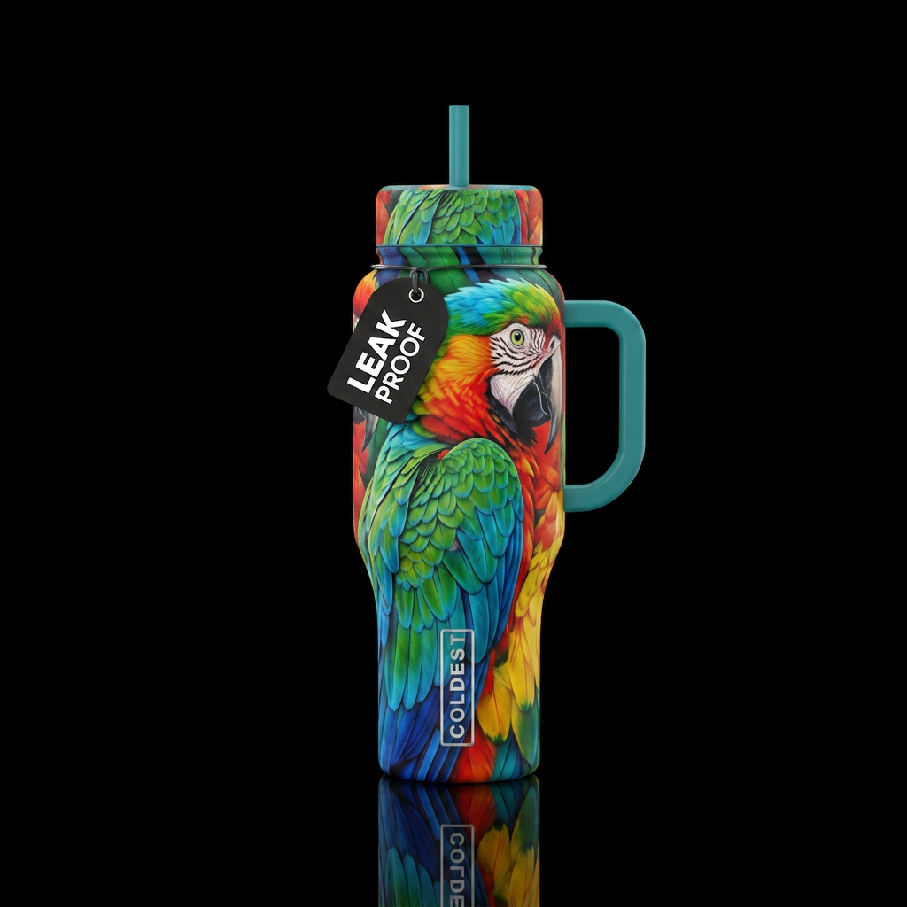 Huge oversized parrot covering entire length of bo... water bottle design