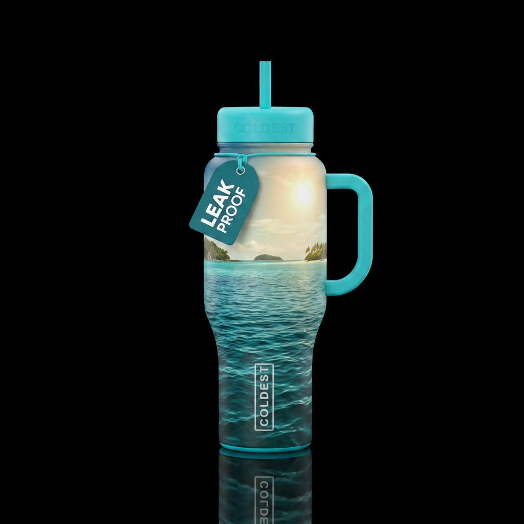 calm waters, realism, vibrant colors water bottle design