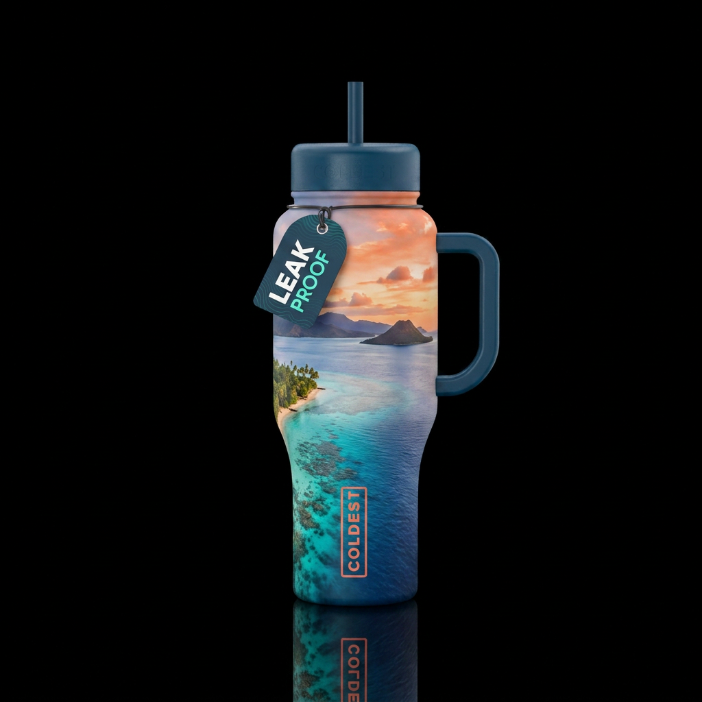 calm waters, realism, vibrant colors water bottle design