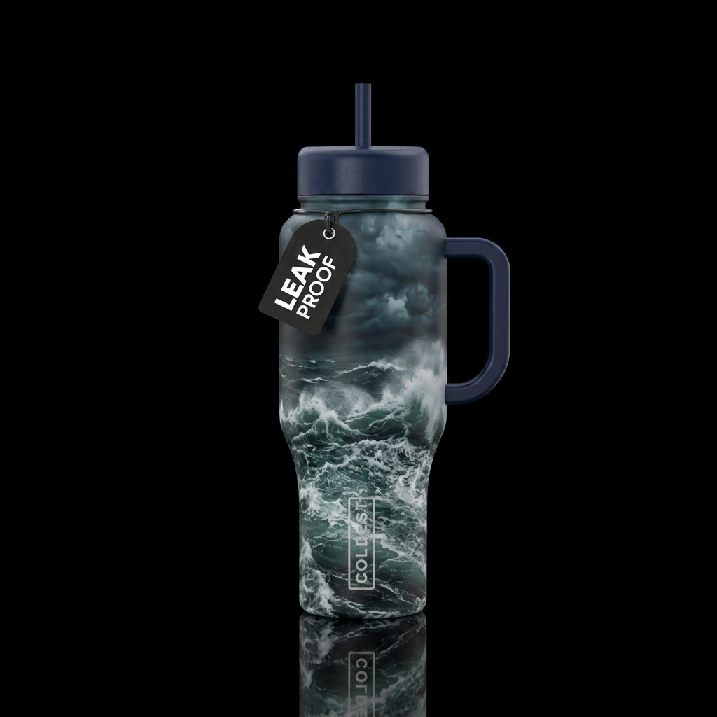 Violent waves of ocean with hurricane conditions water bottle design
