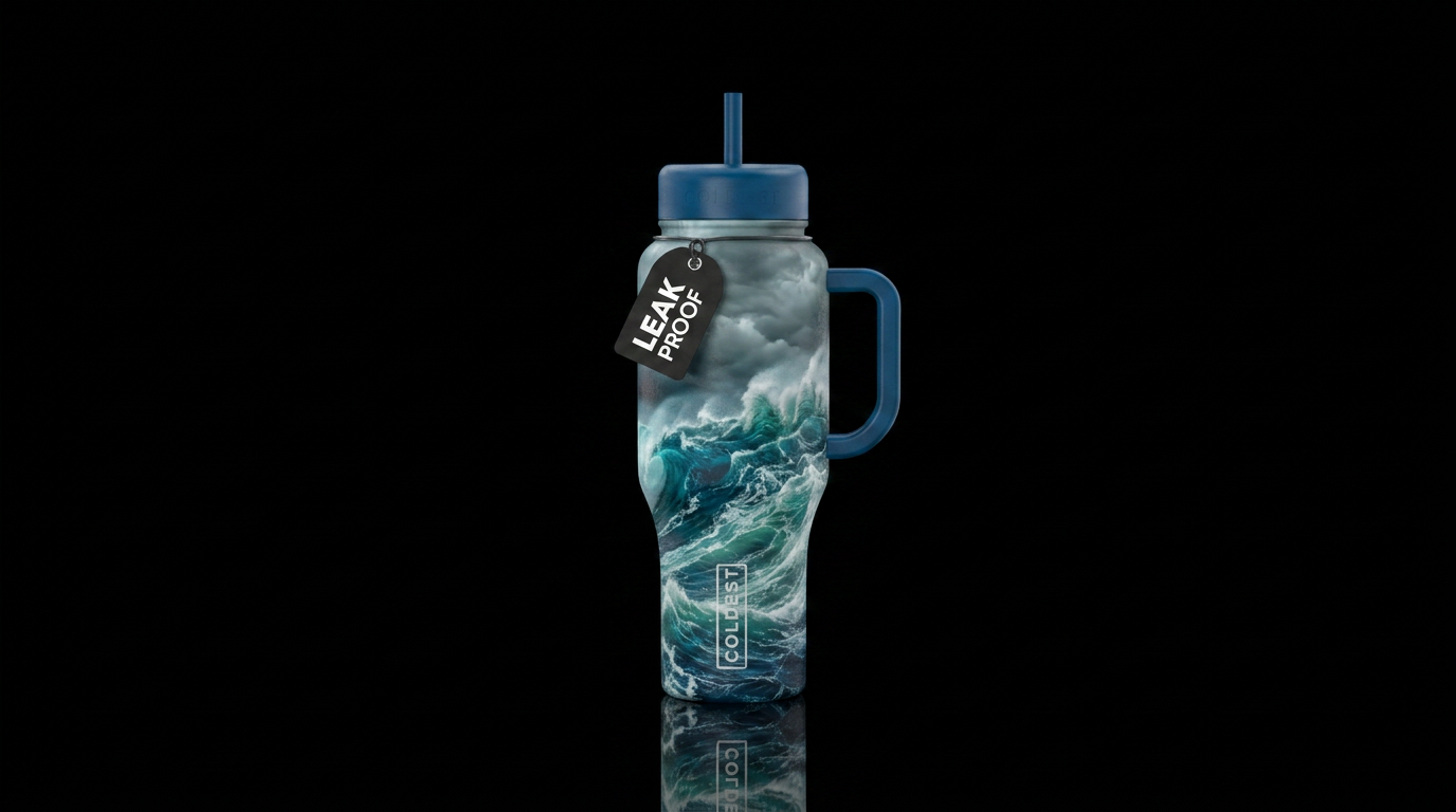 Violent waves of ocean with hurricane conditions water bottle design