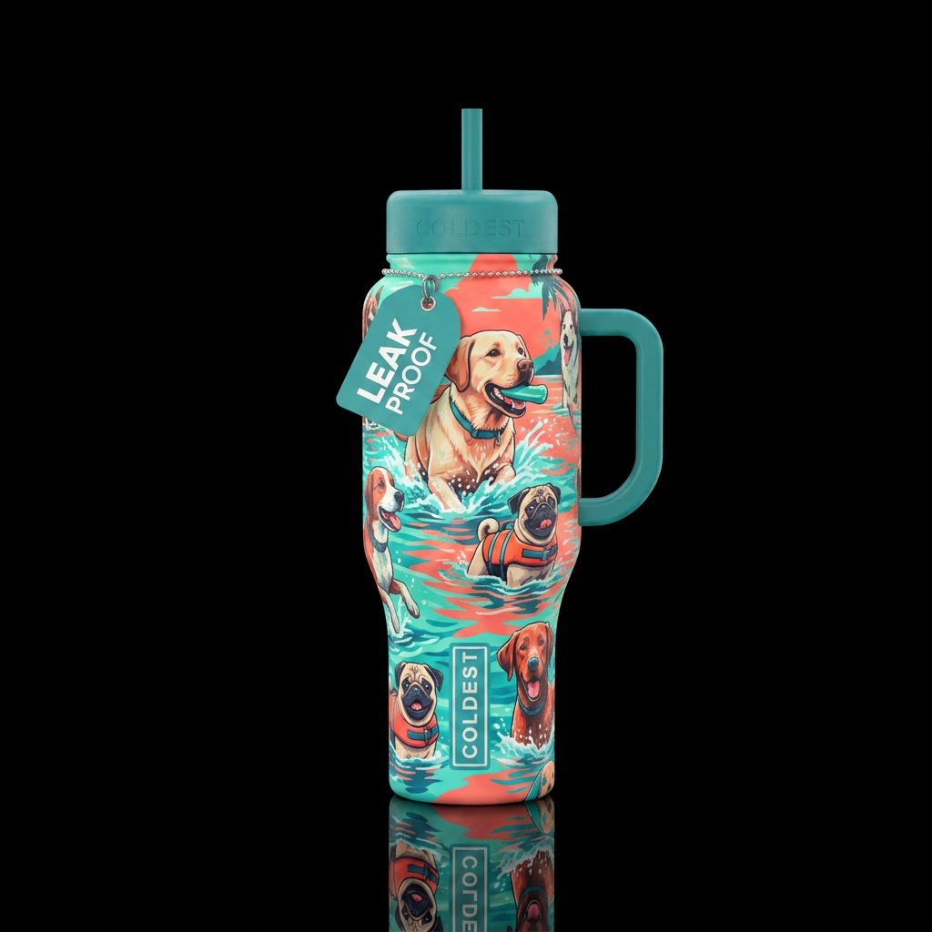 Happy, fun, dogs playing in water, beautiful, vibr... water bottle design