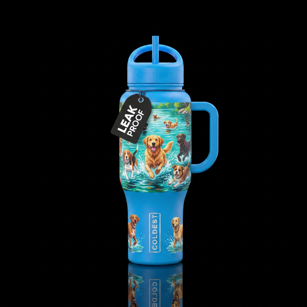 Happy, fun, dogs playing in water, beautiful, vibr... water bottle design