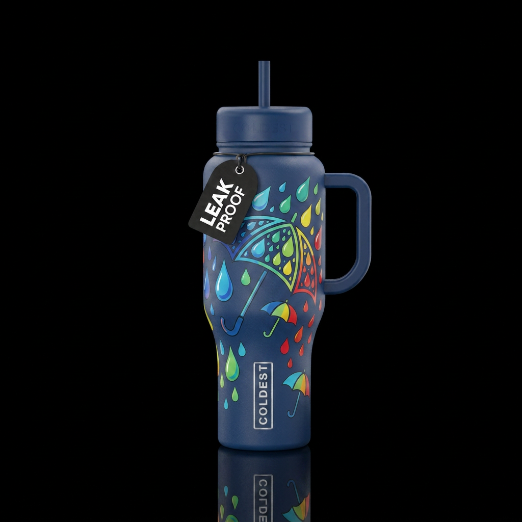 Different color Raindrops flowing off an umbrella water bottle design